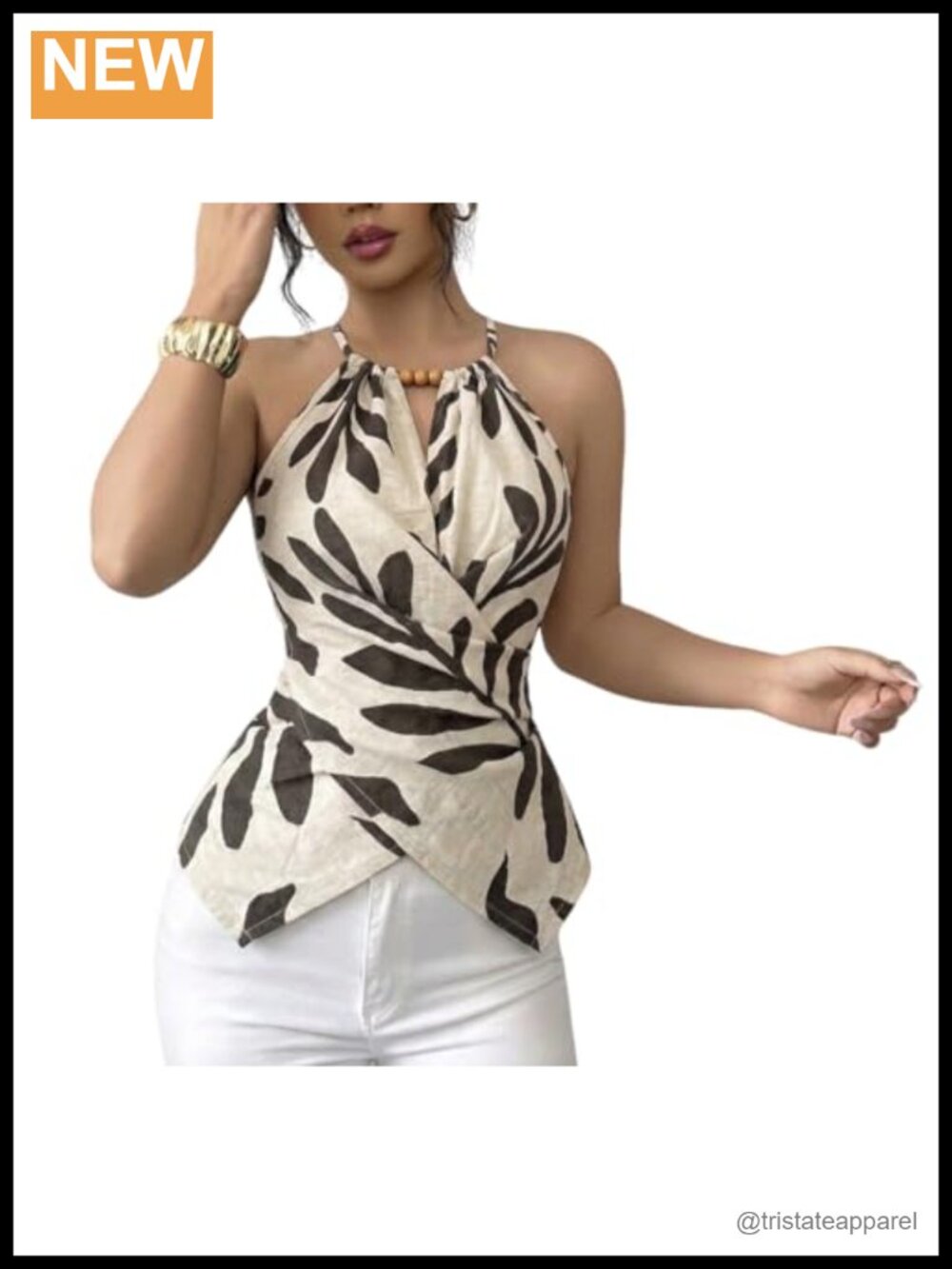Women's Leaf Print Halter Neck Beaded Top Sleeveless Wrap Shirt